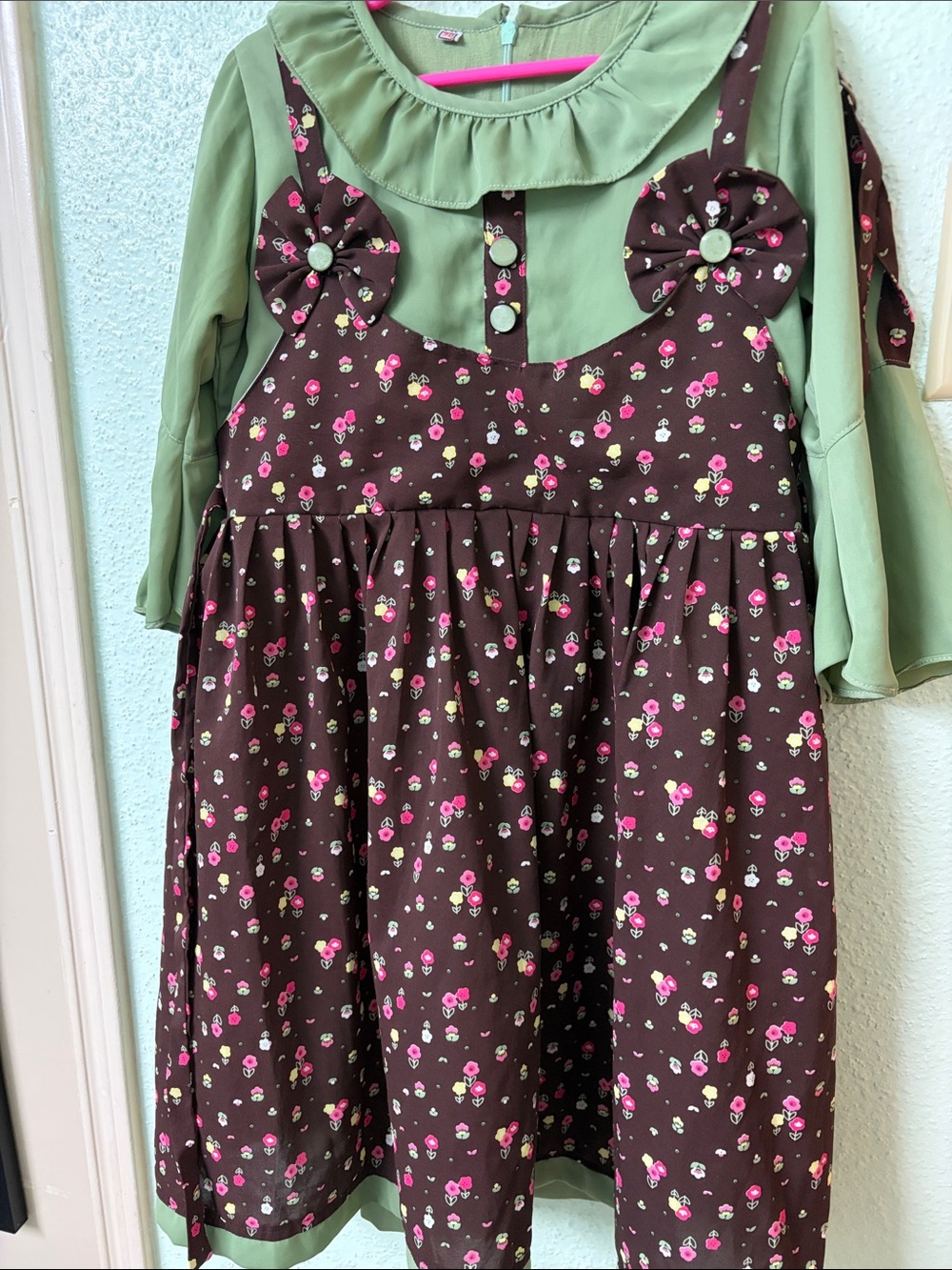 Brown Floral Pinafore attached Dress with Mint Green frock for Girls